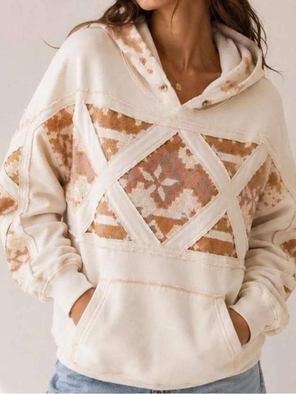 Women’s We the Free by Free People Cream Hoodie with Pink-Tan Aztec Pattern